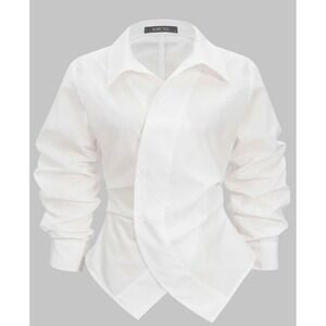 Micas White Button Irregular Ruched Long Sleeve Shirt Asymmetric Blouse Small
